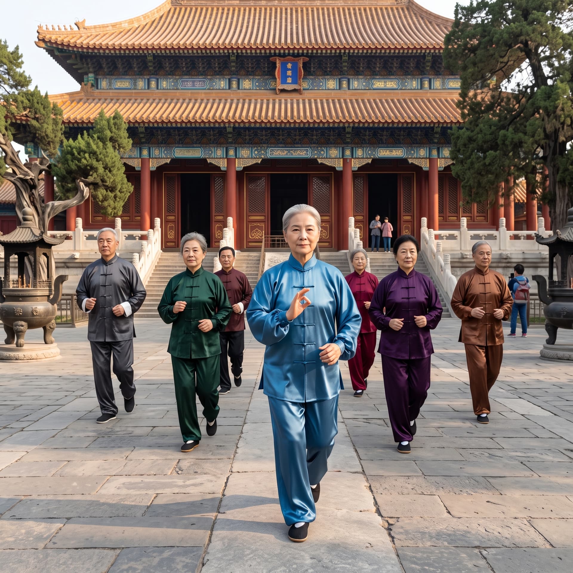 Grupo de pessoas maduras caminhando com passos suaves diante de um templo oriental